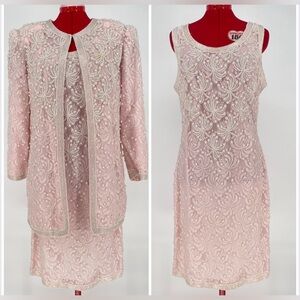 Beautiful 1980s Baby Pink Jakelin Designs Lacey Beaded Dress & Jacket Set